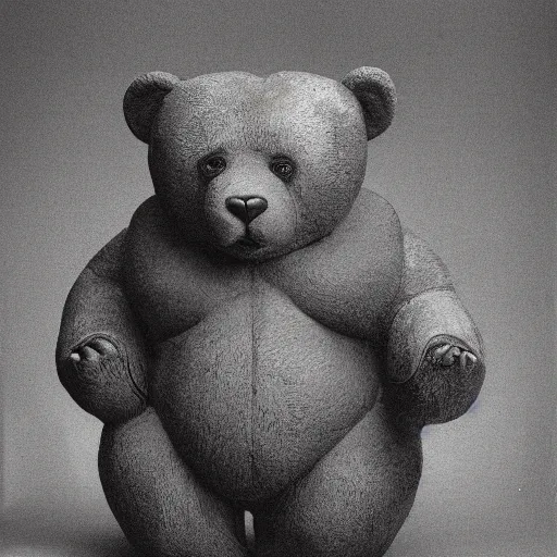 Image similar to a portrait of a teddy bear as venus of willendorf fertility statue, body horror, by gerard brom, zdzisław beksinski and ansel adams