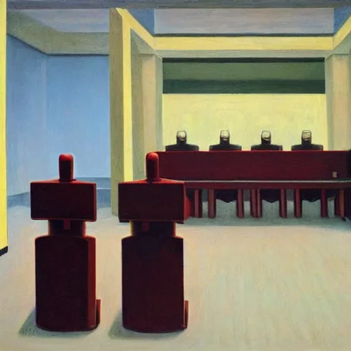 Image similar to three brutalist robot judges in a rotunda room, grant wood, pj crook, edward hopper, oil on canvas