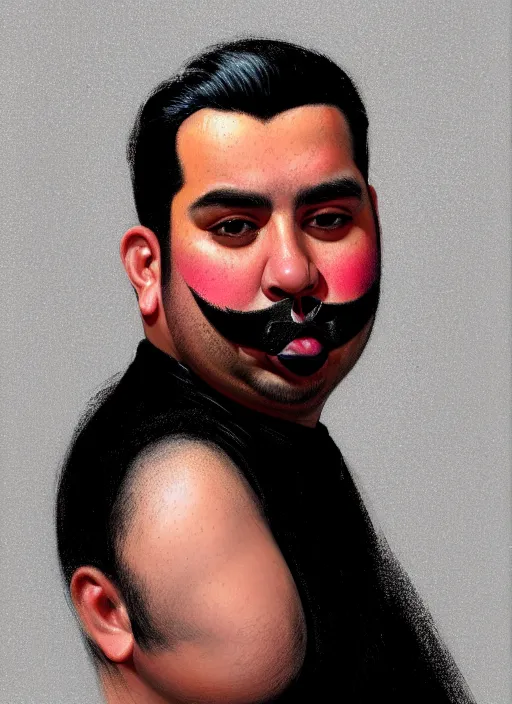 Prompt: portrait of a plump latino man with a crooked nose and a confident expression, 1 9 6 0 s, black clothes, goth, punk, brightly coloured hair, funk, intricate, elegant, highly detailed, digital painting, artstation, concept art, smooth, sharp focus, illustration, art by wlop, mars ravelo and greg rutkowski