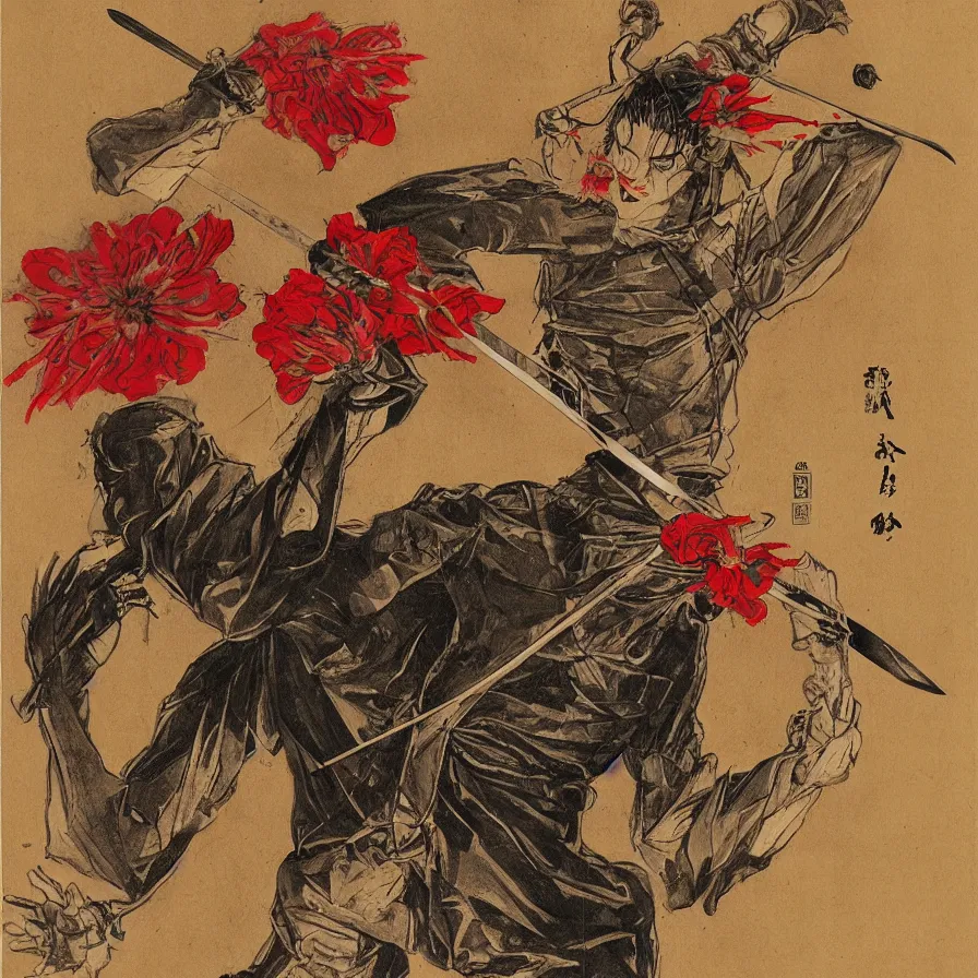 Image similar to a katana, human hands, red flower, rain, 4-dimensional stage, agony, pleasure