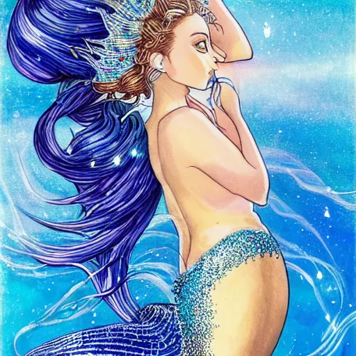 Image similar to an ultra perfect portrait of a fantastic mermaid with an ultra perfect and ultra detailed wild face with beautiful, ultra detailed wild blue eyes a fantastic crown of diamons and a diamond dust glitter and sparkles tail, swimming in a beautiful blue ocean