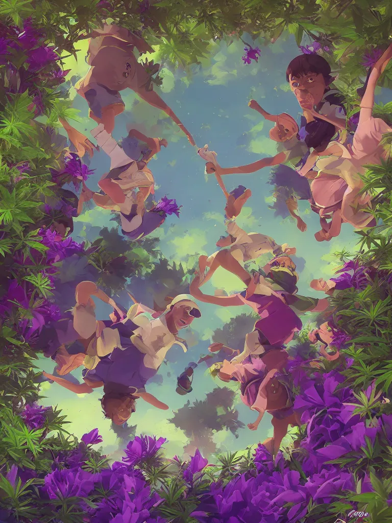 Image similar to kids dunks with green purple flowers of marijuana hemp cannabis, behance hd by jesper ejsing, by rhads, makoto shinkai and lois van baarle, ilya kuvshinov, rossdraws global illumination, golden ratio, symmetrical beauty face