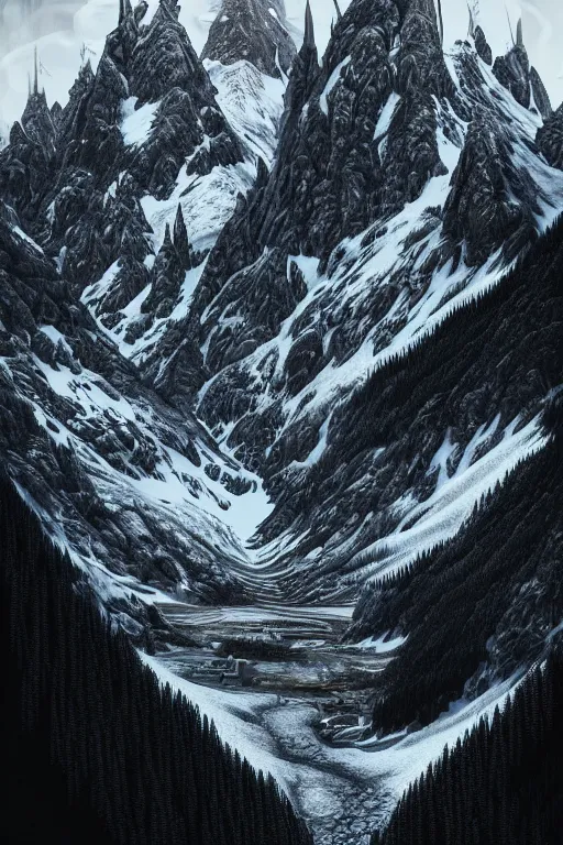 Prompt: insanely detailed and intricate, hypermaximalist, elegant, ornate, hyper realistic, super detailed, giant mountainscape in the french alps surrounded by trees, zaha hadid building, cinematic matte painting, extreme detail photo quality, dark moody colors, featured on behance