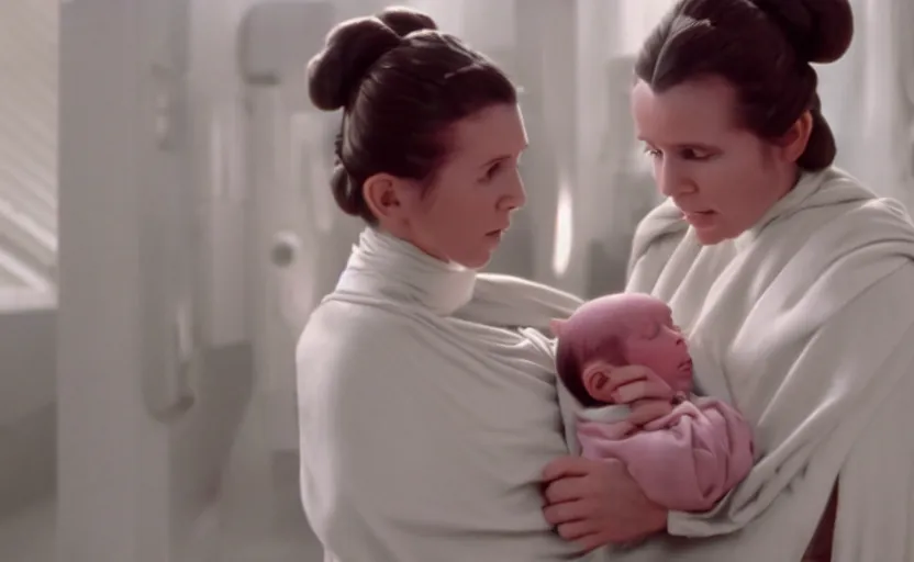 Image similar to screenshot of Princess Leia Organa holding a new born baby in a swaddle, Han Solo watches, iconic scene from 1980s Star Wars film directed by Ridley Scott, in a sci fi nursing home architecture, last jedi, 4k HD sharp, cinematic still frame, photoreal, detailed face, moody lighting, stunning cinematography, anamorphic lenses, kodak color film stock