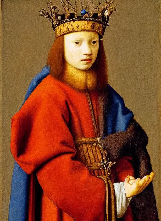 Image similar to portrait of a young king with a crown, medieval painting by Jan van Eyck, Johannes Vermeer, Florence