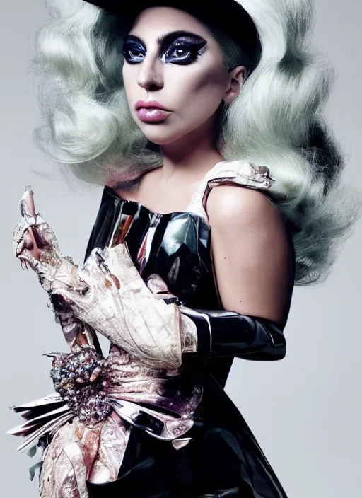 Image similar to lady gaga styled by nick knight posing, couture, vogue magazine, highly realistic. high resolution. highly detailed. dramatic. 8 k. 4 k.