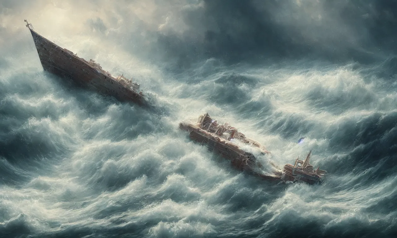 Image similar to breathtaking detailed soft painting of an empty drunk ship with mystical horrors, bathing in dreaming lactescent sea, alcohol with blue delirium skies, water drowned hurrican, elegant, highly detailed, artstation, concept art, matte, sharp focus, art by tom bagshaw, and greg rutkowski