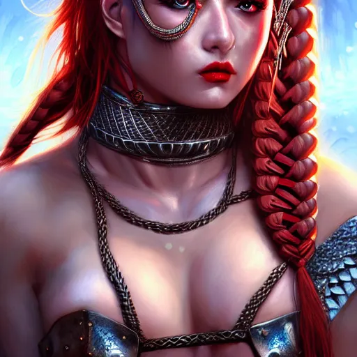 Prompt: artistic portrait of a barbarian goddess of war, wearing chainmail lingerie, perfect fit body, long red braided hair, beautiful eyes and lips, art by artgerm, highly detailed, digital painting, trending on artstation, concept art, sharp focus, illustration, masterpiece