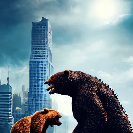 Prompt: a giant angry bear fighting with giant godzilla in the city, photomanipulation, photoshop, digital art, movie poster that says bear vs. godzilla