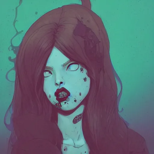 Image similar to Highly detailed portrait of pretty punk zombie young lady with, freckles and beautiful hair by Atey Ghailan, by Loish, by Bryan Lee O'Malley, by Cliff Chiang, inspired by image comics, inspired by graphic novel cover art, inspired by papergirls !! Gradient color scheme ((grafitti tag brick wall background)), trending on artstation