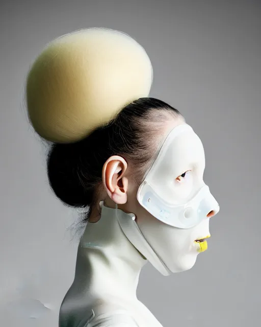 Image similar to portrait of a woman wearing a white embroidered translucent silicone mask and white yellow frizzy hair buns, wearing a black bodysuit by alexander mcqueen, cream white background, soft diffused light, biotechnology, humanoide robot, bjork aesthetic, translucent, by rineke dijkstra, intricate details, highly detailed, masterpiece,