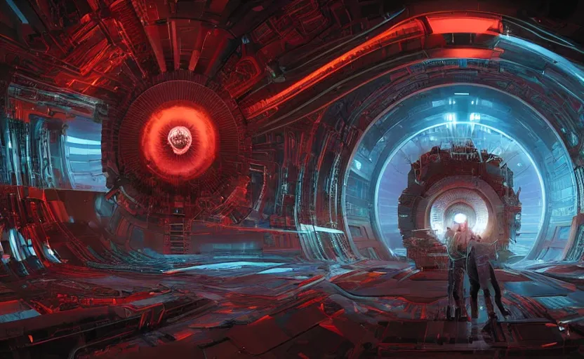 Image similar to giant Plasma fusion reactor power station, red, blue , hyperrealistic mixed media, stunning 3d render inspired art by P. Craig Russell and Barry Windsor-Smith + perfect facial symmetry + dim volumetric lighting, 8k octane beautifully detailed render, post-processing, extremely hyperdetailed, intricate futuristic mechanic parts, epic composition, grim yet sparkling atmosphere, cinematic lighting + masterpiece, trending on artstation