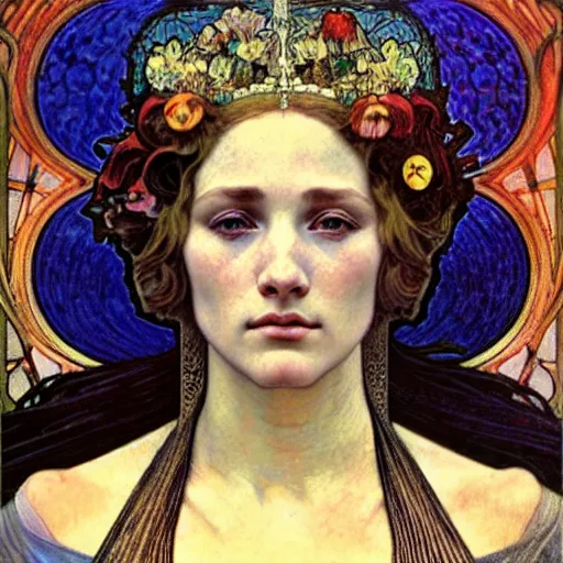 Image similar to detailed realistic beautiful young medieval queen face portrait by jean delville, alphonse mucha, vincent van gogh, and marco mazzoni, art nouveau, symbolist, visionary, gothic, pre - raphaelite