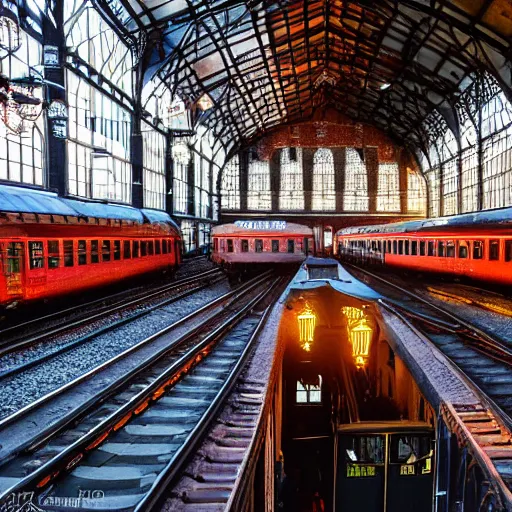 Image similar to A beautiful historical interior of Amsterdam central station with steam locomotives leaving the station, blinding backlight sunset, hyper real highly detailed