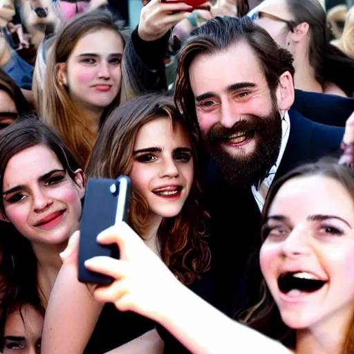 Prompt: a bearded emma Watson taking a selfie with her fans
