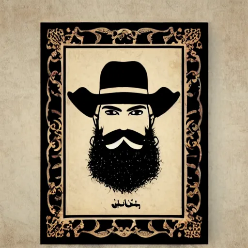 Prompt: bearded cowboy, persian folkore artstyle, portrait, calligraphy border