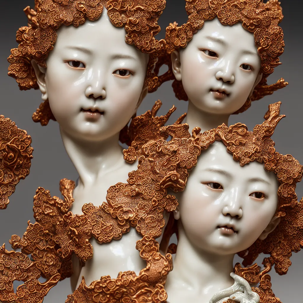 Image similar to A Close up photo-real delicate ceramic porcelain sculpture of an angel ornate detailed in front of an intricate background by Victo Ngai and takato yamamoto, micro detail, backlit lighting, face in focus, translucent, thin porcelain, octane renderer, colorful, physically based rendering, japanese pottery