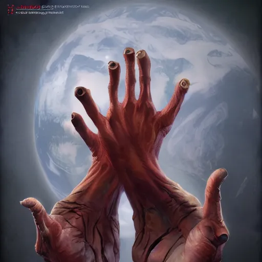 Image similar to two demonic hands hold planet earth, artstation