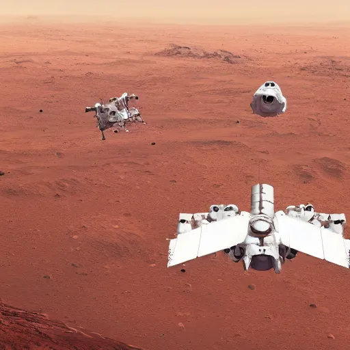 Prompt: two white very long intricate spacecraft with minor red details, flying in formation above the surface of mars, highly detailed, photorealistic, cinematic, sci-fi, octane render, bird\'s eye view