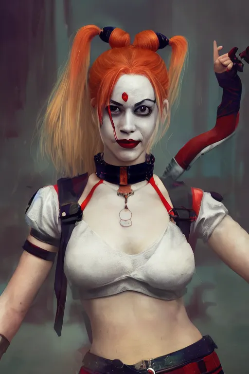 Image similar to a portrait of a very detailed Harley Quinn by Greg Rutkowski, Sung Choi, Mitchell Mohrhauser, Maciej Kuciara, Johnson Ting, Maxim Verehin, Peter Konig, final fantasy , mythical, 8k photorealistic, cinematic lighting, HD, high details, atmospheric,