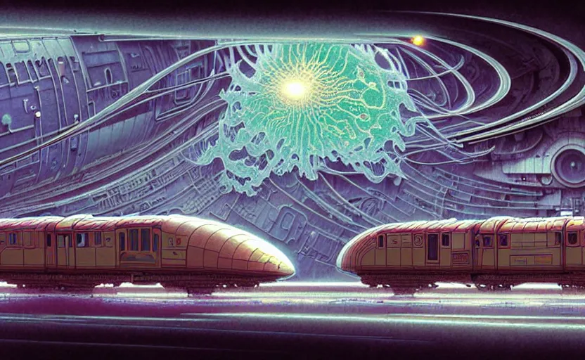 Image similar to urban train design only! 2 0 5 0 s retro future art 1 9 7 0 s science fiction borders lines decorations space machine, mech, robot. muted colors. by jean - baptiste monge, ralph mcquarrie, marc simonetti, 1 6 6 7. mandelbulb 3 d, fractal flame, jelly fish, coral, cinematic lightning