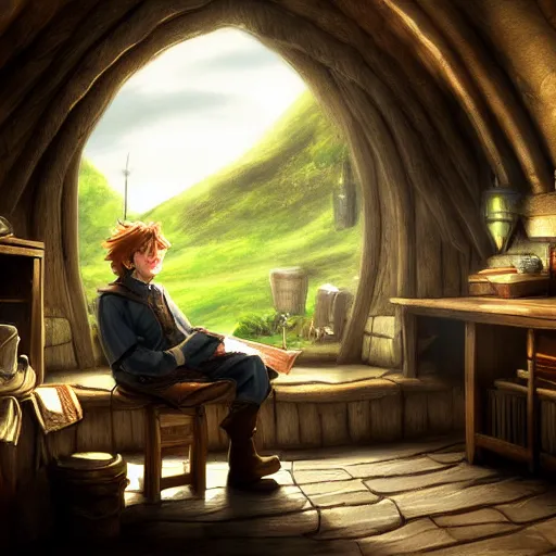 Image similar to bilbo baggins sitting down inside bag end highly detailed, digital painting, concept art, sharp focus, by makoto shinkai