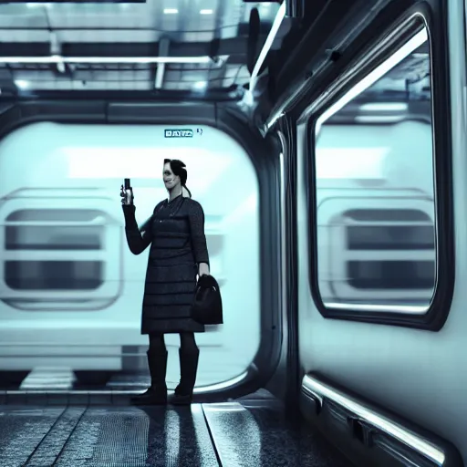 Image similar to photo of a person in a train, futuristic city, movie still, cinematic, 8 k, unreal engine, 3 d render