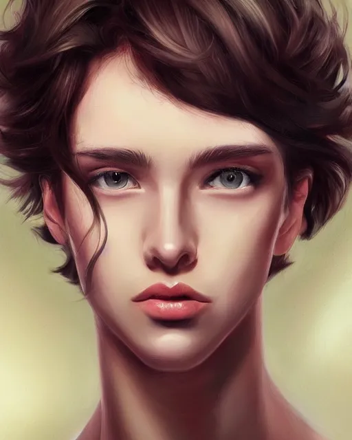 Image similar to portrait painting of an androgynous 2 2 year old with short dark curly hair and pale skin, artgerm, deviantart, artstation