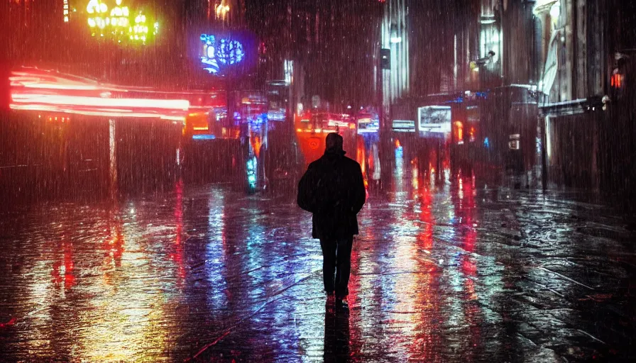 Image similar to guy walking under rain in brussels by night, neon lights, hyperdetailed, artstation, cgsociety, 8 k