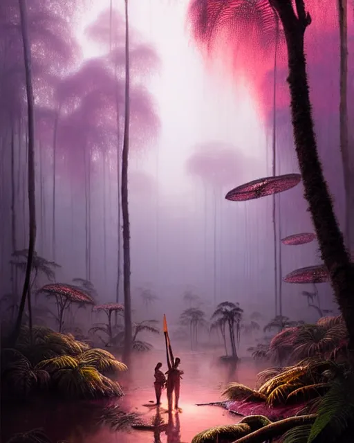 Image similar to a hyper - detailed 3 d render like an oil painting of tribe members in a tropical forest with pink smoke!!!!! surreal concept art, lifelike, photorealistic, digital painting, aesthetic, smooth, sharp focus, artstation hd, by greg rutkowski, bruce pennington, valentina remenar, rhads, asher duran,