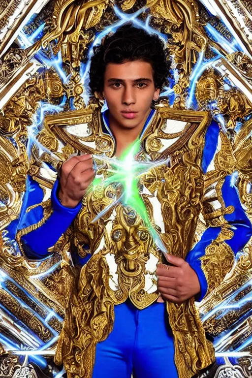 Prompt: full-body sculpture of a young handsome Colombiano prince as a half cibernetic android with a glowing blue battery in his chest, white laser beam coming out of his eyes, crown of giant diamonds, flowing neon-colored silk, fabric, raptors, in a cyperbunk and baroque style. baroque elements. full-length view. baroque element. intricate artwork by caravaggio. many many birds birds on background. Trending on artstation, octane render, cinematic lighting from the right, hyper realism, octane render, 8k, depth of field, 3D