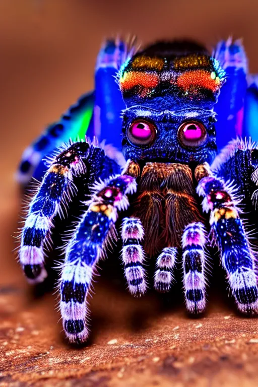 Image similar to high quality macro photo iridescent tarantula! jewelled supercute! highly detailed david ligare elson peter cinematic blue lighting high quality low angle hd 8k sharp shallow depth of field