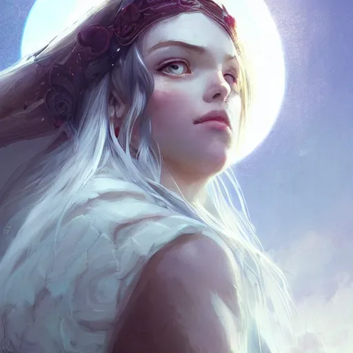 Prompt: a portrait of a beautiful lady with adorable eyes, beautiful eyes, looking up onto the sky, light smiling, art of wlop and greg rutkowski, epic fantasy art, bright light masterpiece, ray of light through white hair