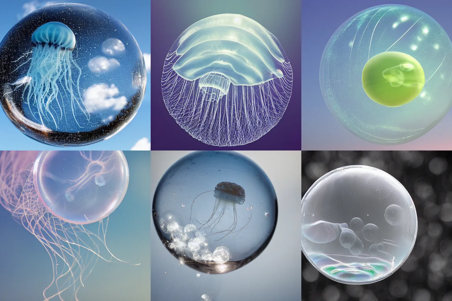 Prompt: single spherical soap bubble filled with clouds and jellyfish