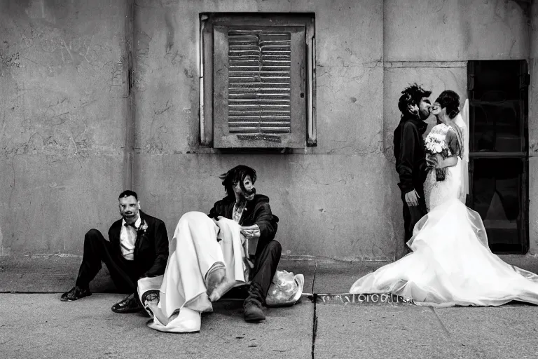 Prompt: wedding photography, two homeless people are getting married, homeless guests, professional photo