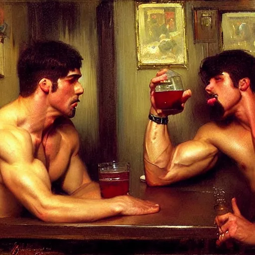 Image similar to attractive muscular male with red hair and muscular attractive male with black hair, drinking their hearts out, in a pub. very defined and highly detailed painting by gaston bussiere, j. c. leyendecker, craig mullins 8 k