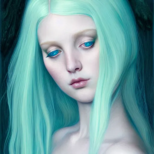 Image similar to portrait of girl with pale teal hair, luna moth, uniquely beautiful, fantasy, intricate, elegant, dramatic lighting, emotionally evoking symbolic metaphor, highly detailed, lifelike, photorealistic, digital painting, artstation, concept art, smooth, sharp focus, illustration, art by John Collier and Albert Aublet and Krenz Cushart and Artem Demura and Alphonse Mucha