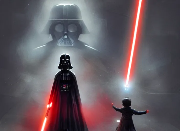 Prompt: a dramatic highly detailed render of darth vader with red lightsaber drawn facing a cute toddler with its back to the camera, futuristic star wars vibe, by WLOP and Artgerm and Greg Rutkowski and Alphonse Mucha, Beautiful dynamic dramatic dark moody lighting, shadows, cinematic atmosphere, Artstation, concept design art, Octane render, 8K, masterpiece, sharp focus, hyperrealistic