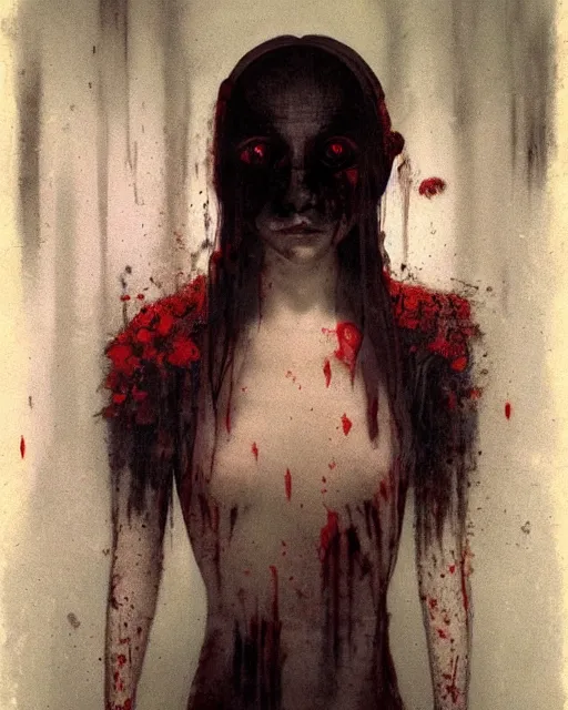 Prompt: a beautiful but creepy girl in layers of fear, with haunted eyes and dark hair piled on her head, 1 9 7 0 s, seventies, wallpaper, a little blood, morning light showing injuries, delicate embellishments, painterly, offset printing technique, by brom, moebius, robert henri, walter popp