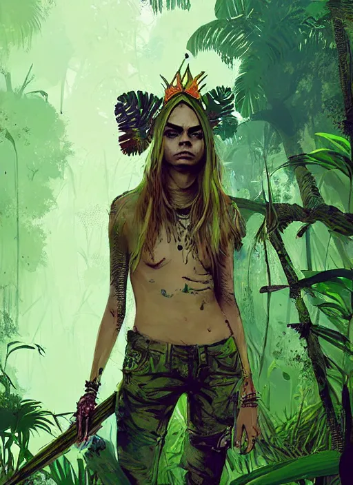 Image similar to cara delevingne as jungle queen, by ismail inceoglu