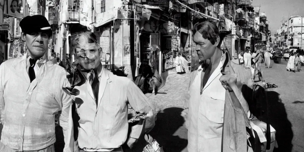 Image similar to a portrait of joe orton and Kenneth Halliwell, a busy street in algiers, a bright sunny day, an algierian beach