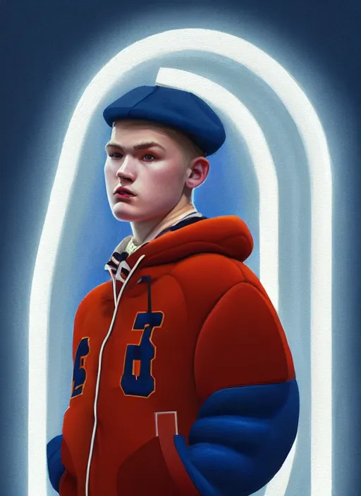 Image similar to portrait of high school senior boy named big moose, blonde short hair, jock, beefy, wide face, square jaw, square facial structure, blue varsity jacket with letter r, intricate, elegant, glowing lights, highly detailed, digital painting, artstation, concept art, sharp focus, illustration, art by wlop, mars ravelo and greg rutkowski