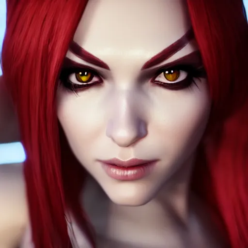 Image similar to Katarina from League of Legends, photorealistic studio portrait, studio lighting, unreal engine 5, hyperrealistic, dynamic lighting, white ambient background, realistic, highly detailed