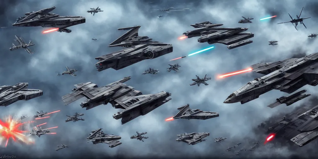 Prompt: Star Wars vs the US Air Force, fighting, planes, battlefield, trending on art station, epic battle, intense battle, large scale battle, Star War Army, United States Air Force , infantry, 8k