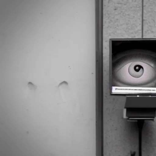 Image similar to scary old lady without eyes an abandoned school, security camera, black and white, real