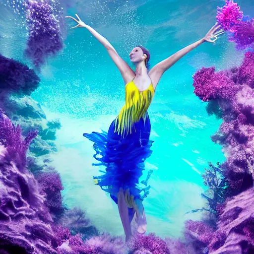 Prompt: beautiful geni morrow dancing underwater wearing a flowing dress made of blue, magenta, and yellow seaweed, delicate coral sea bottom, swirling silver fish, swirling smoke shapes, octane render, caustics lighting from above, cinematic