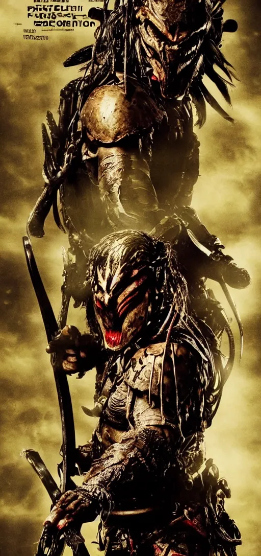 Image similar to movie poster for predator film shot in feudal japan staring hiroyuki sanada as a disgraced ronin, who hunts down the predator after he fails to protect his master from it