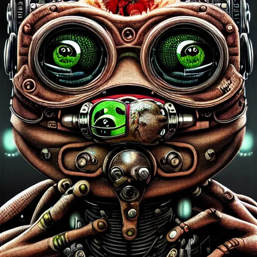 Image similar to ultra realist intricate detailed horror portrait of pepe frog, cyborg tech on body and legs, accurate features, cyberpunk, industrial, apocalyptic, very intricate details, focus, high resolution, 8 k resolution, dramatic lighting, artstyle alex ries and zdzisław beksinski, award winning