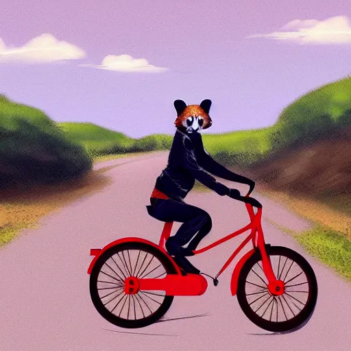 Image similar to a red panda drive with a bicycle through a wonderful landscape artstation