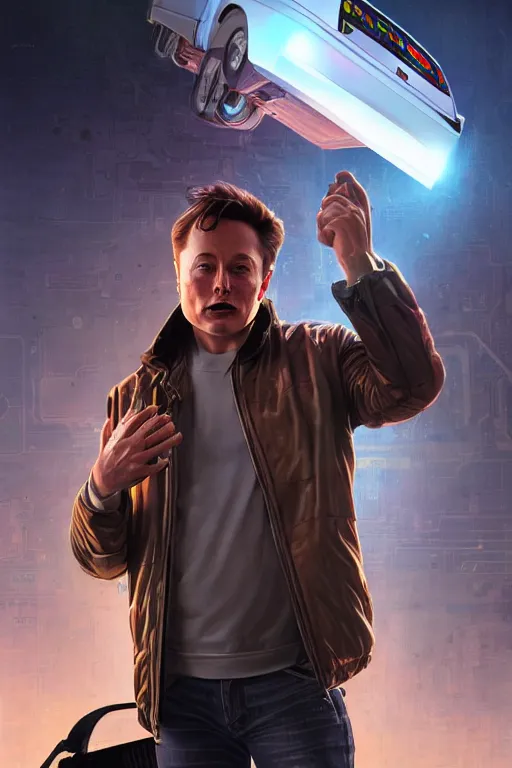 Image similar to elon musk as marty mcfly near cybertruck, realistic portrait, symmetrical, highly detailed, digital painting, artstation, concept art, smooth, sharp focus, illustration, cinematic lighting, art by artgerm and greg rutkowski and alphonse mucha